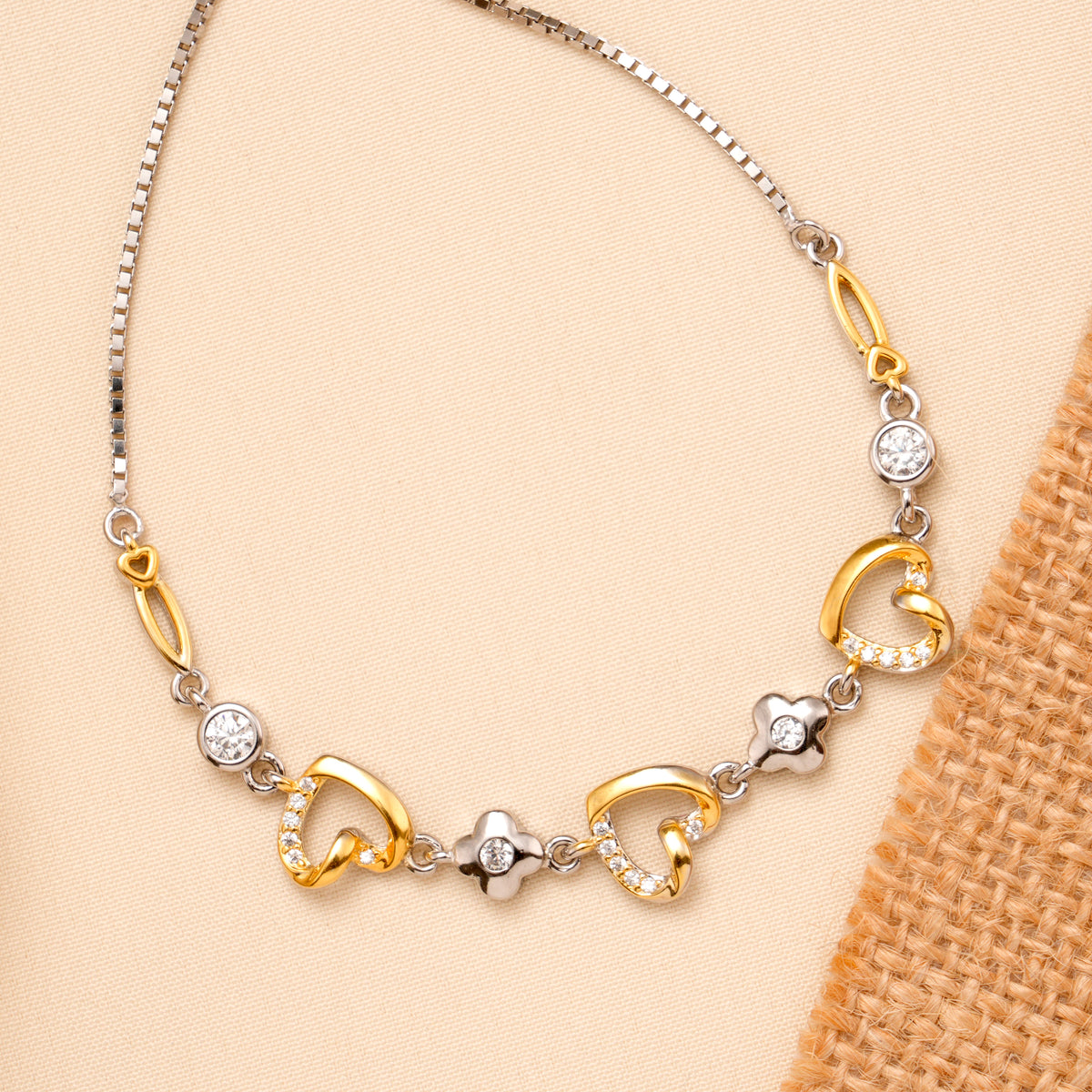 Tiny Twin Tone Floral Pattern Heart Bracelet