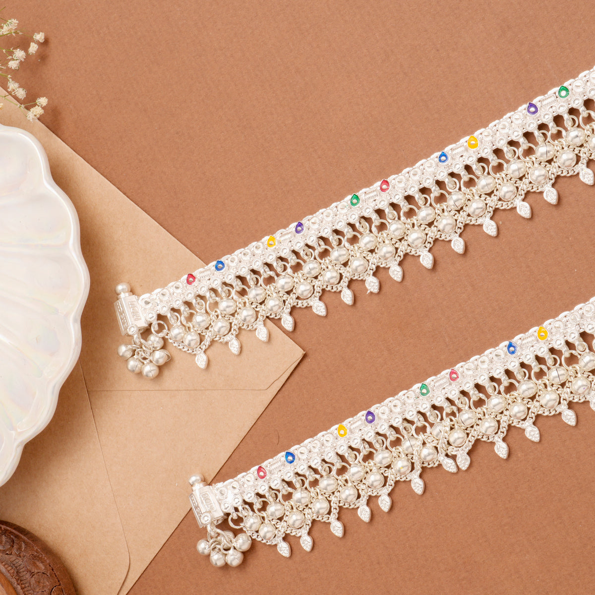 Enamel Link Band Salangai Silver Anklet