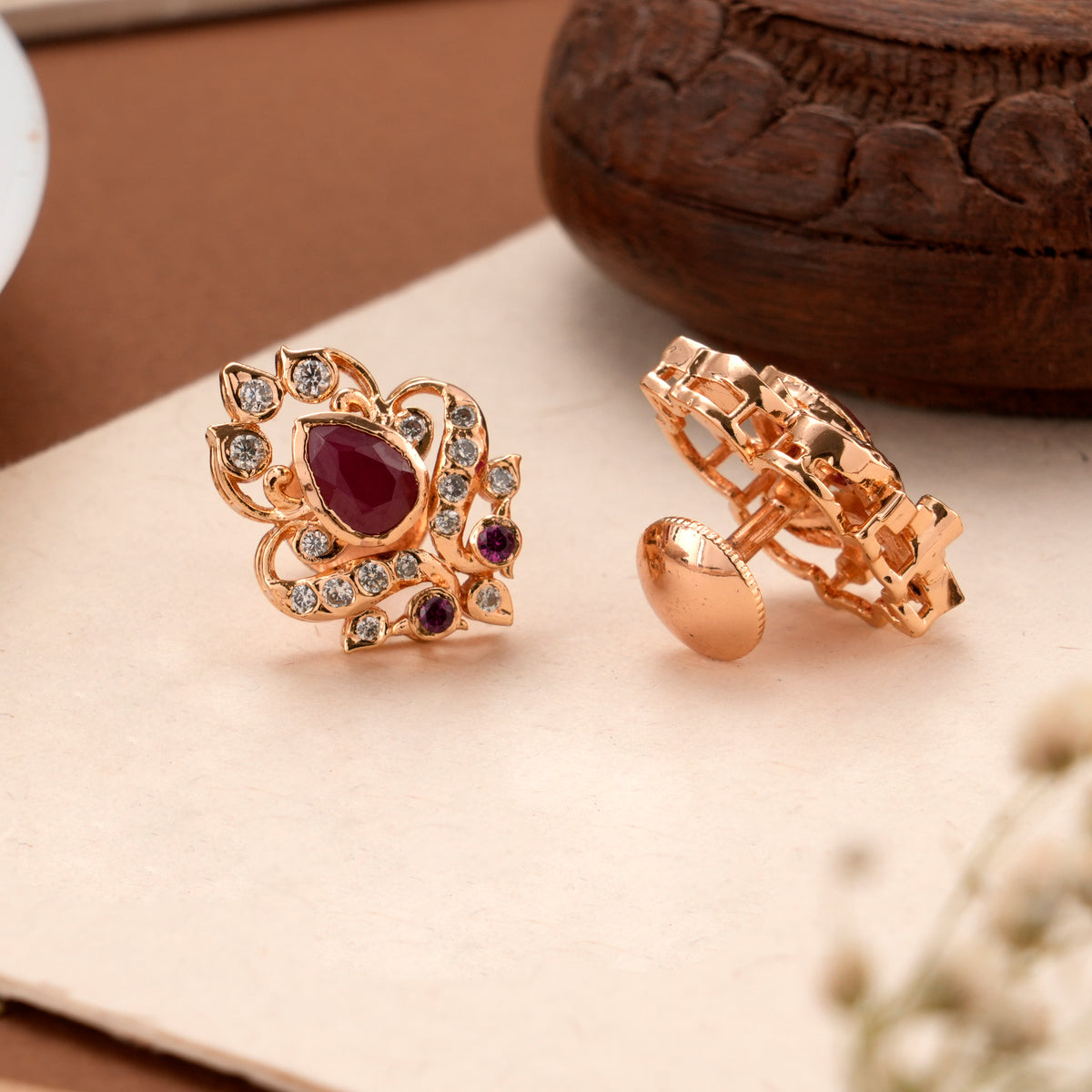 White Stone Ruby Leaf Rose Gold Stud