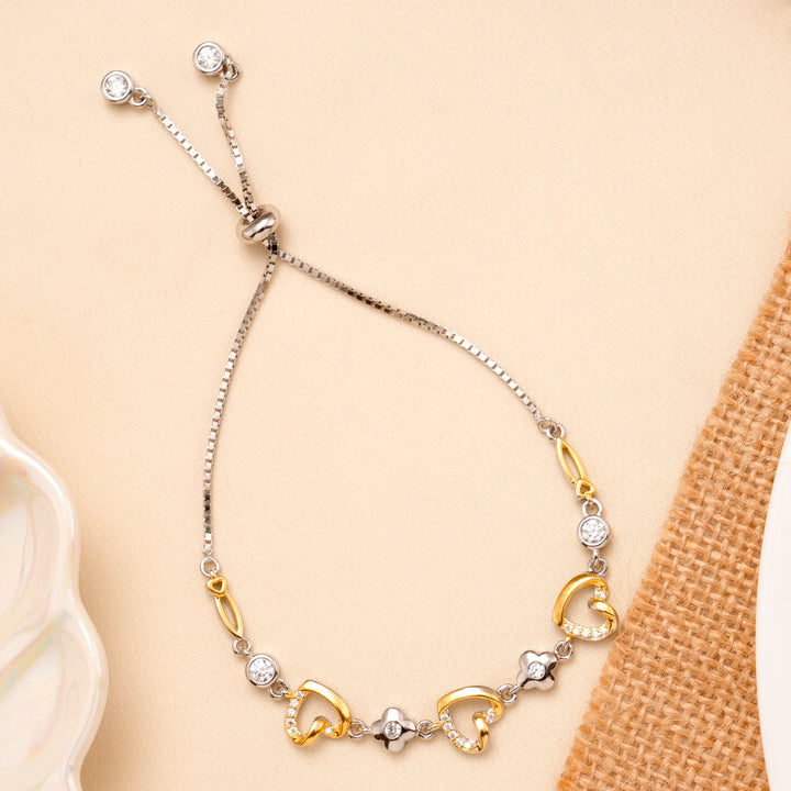 Tiny Twin Tone Floral Pattern Heart Bracelet
