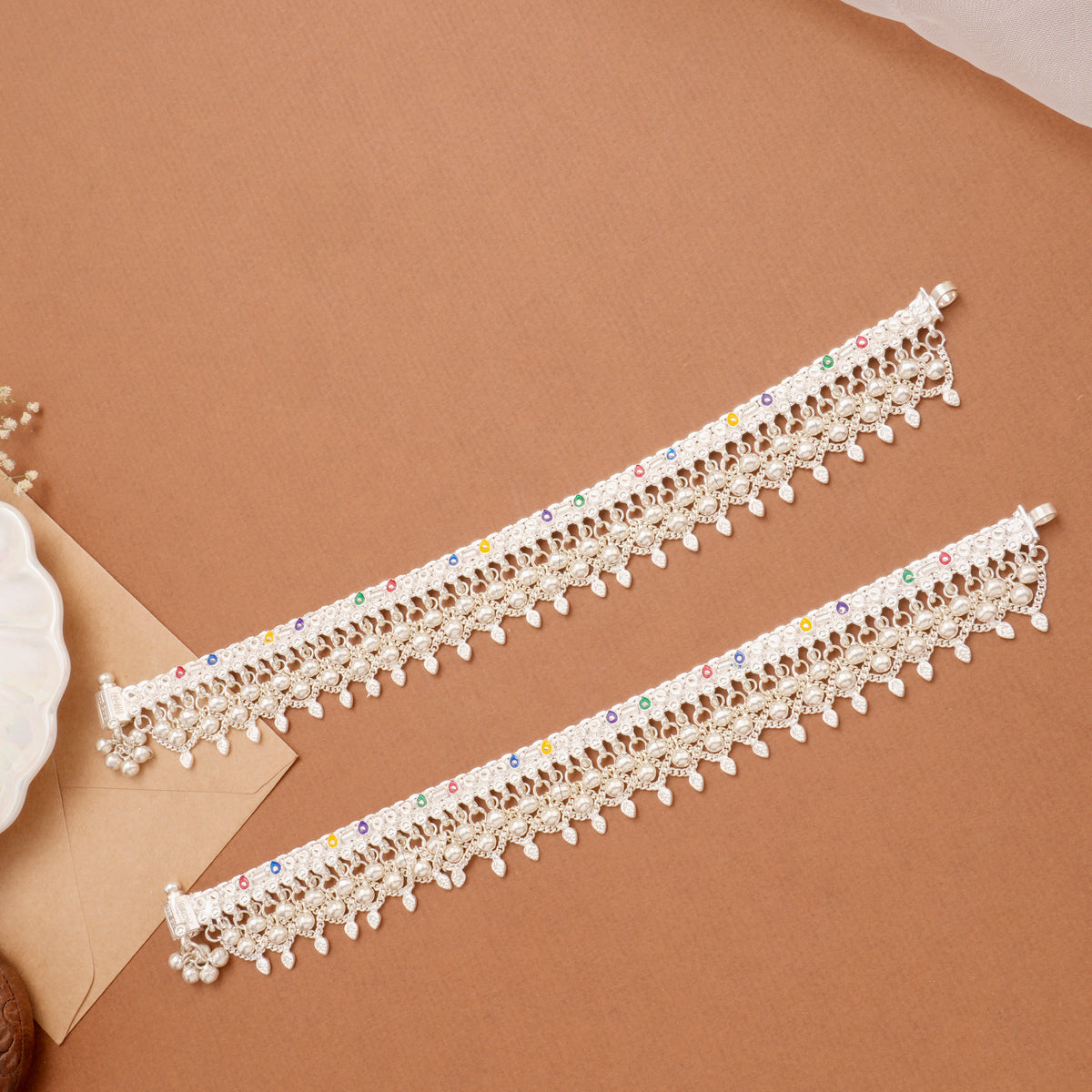 Enamel Link Band Salangai Silver Anklet