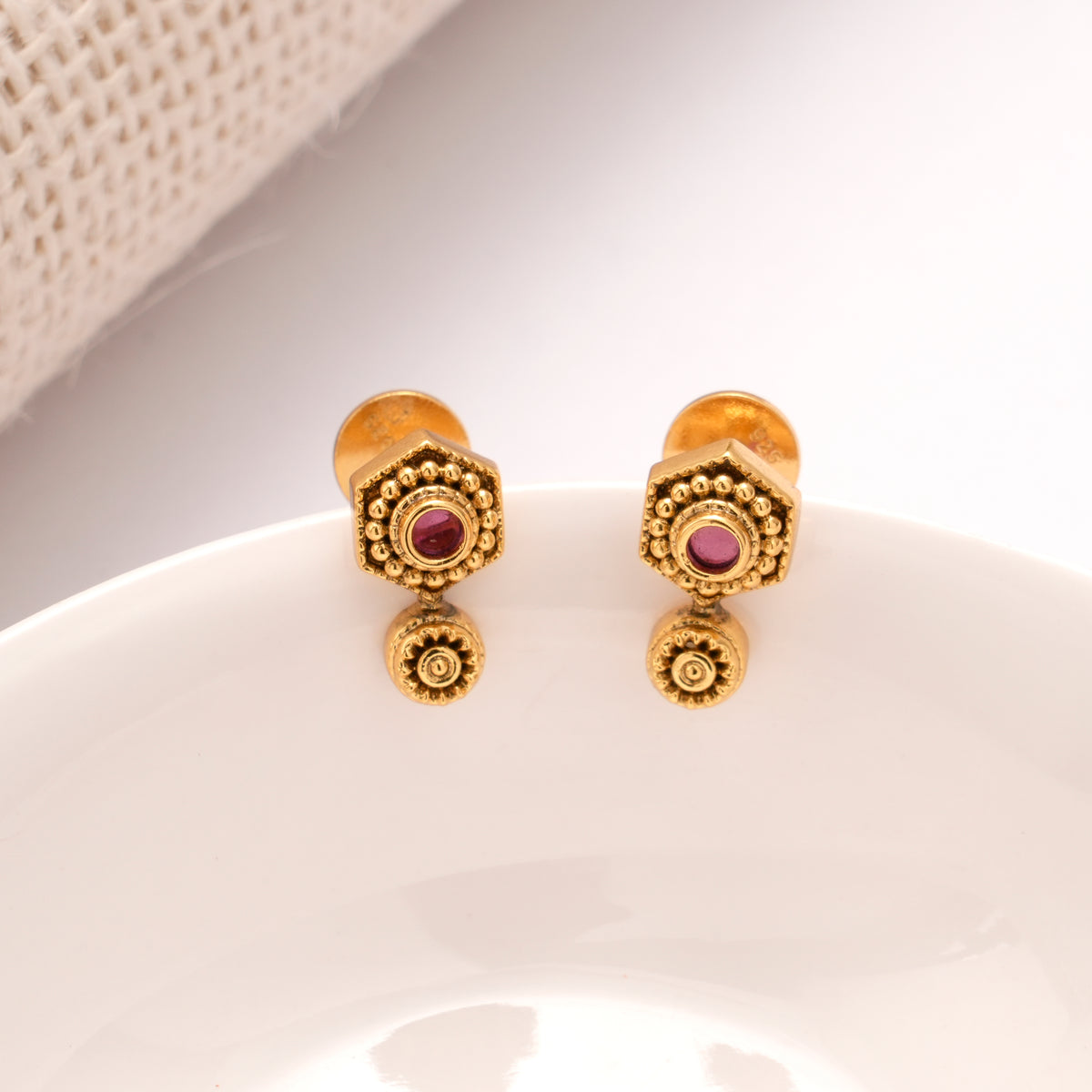 Antique Ruby Geometric Golden Earrings