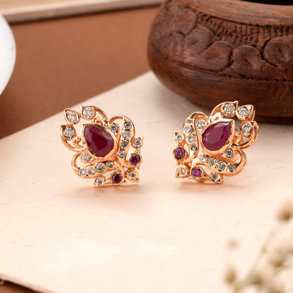White Stone Ruby Leaf Rose Gold Stud