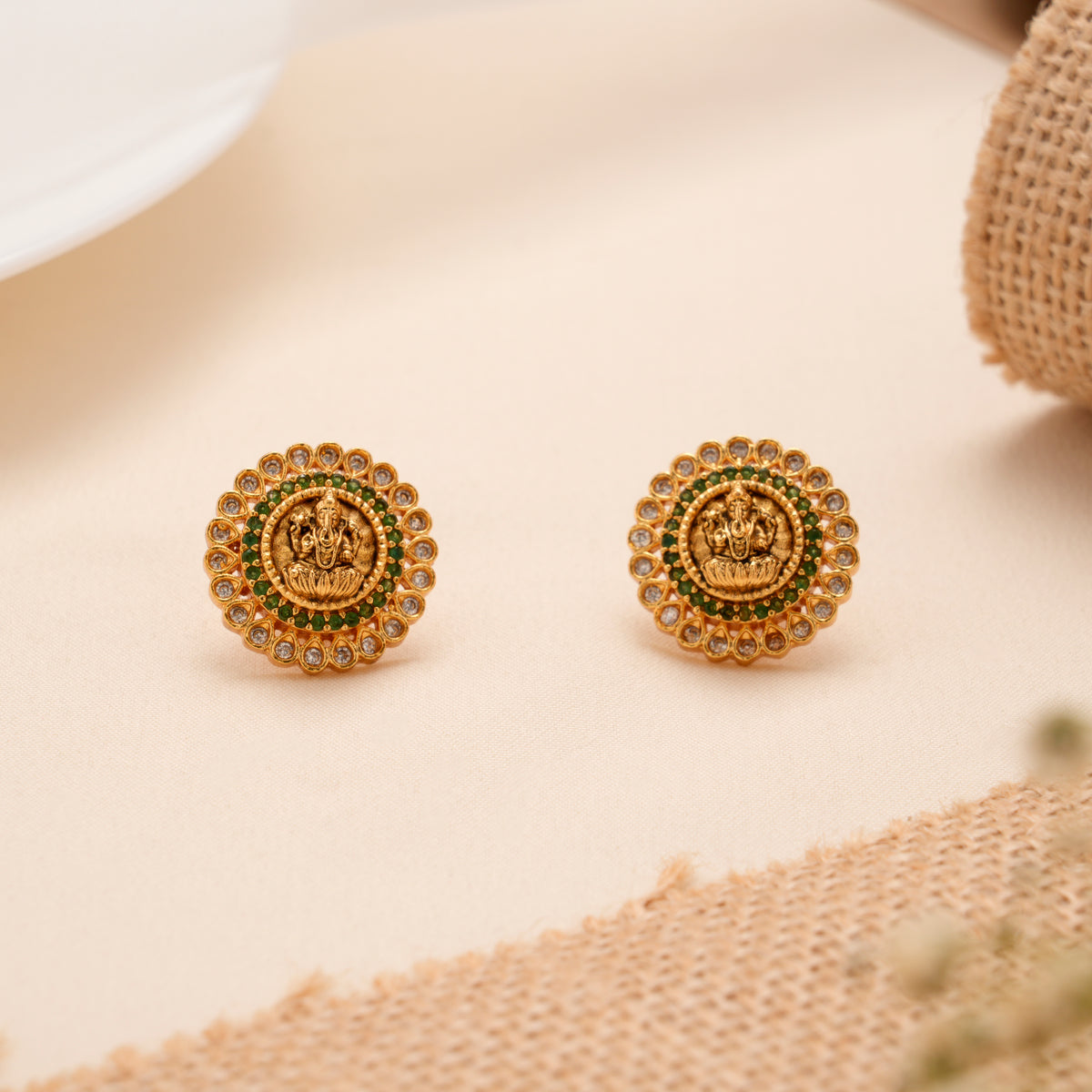 Antique Ganesh with Emeralds Stone Golden Stud