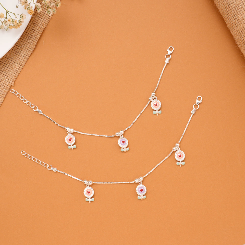 Floral Heart Charm Baby Silver Anklet