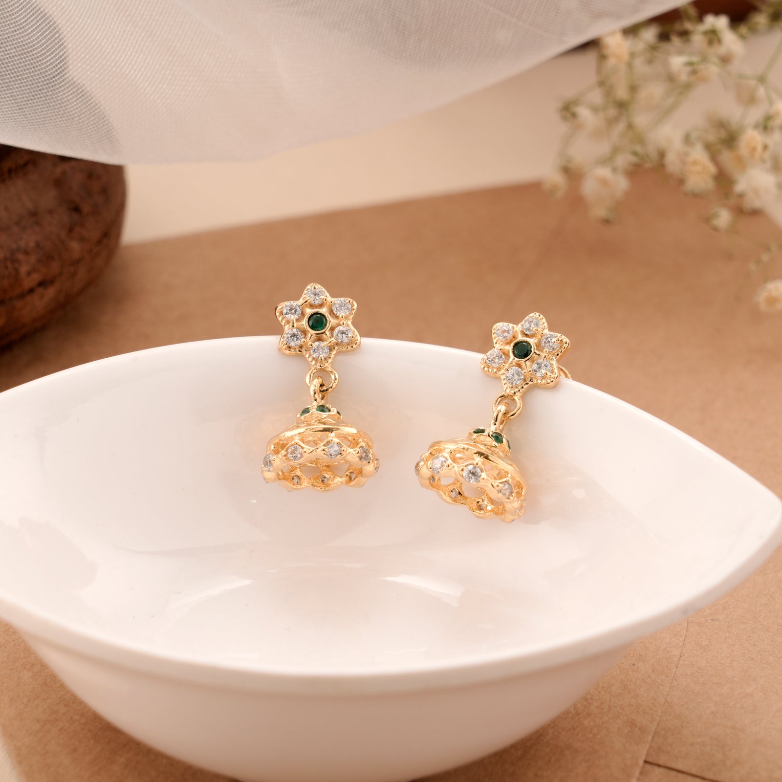 Emerald Touch Gold Plated Silver Jhumkas