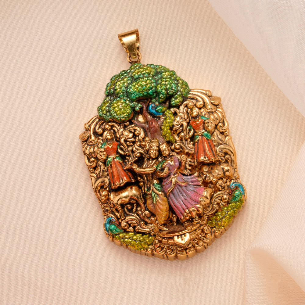 Traditional Radha Krishna Golden Pendant