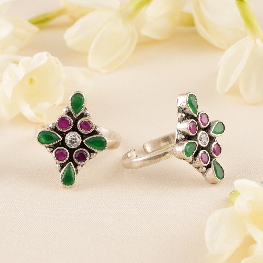 Emerald Leaf and Ruby Silver Toe Ring