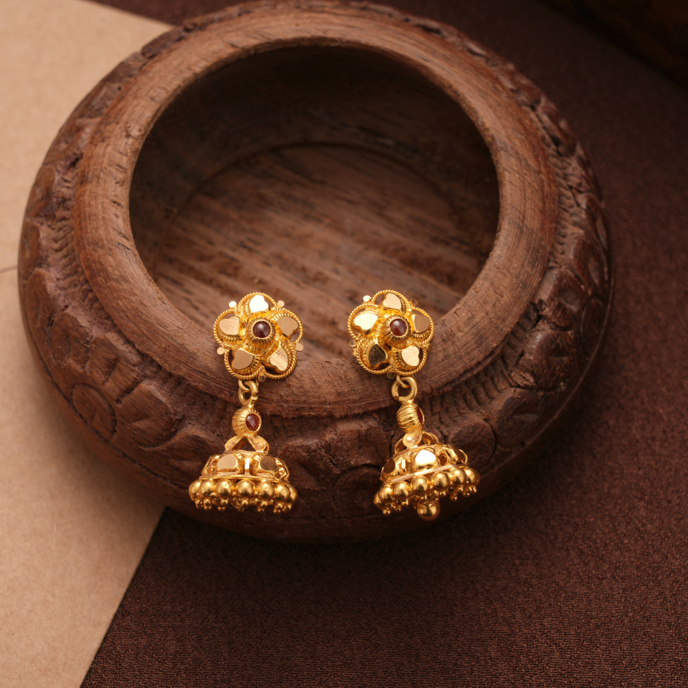 Floral Design Circle Ruby Gold Jhumkas