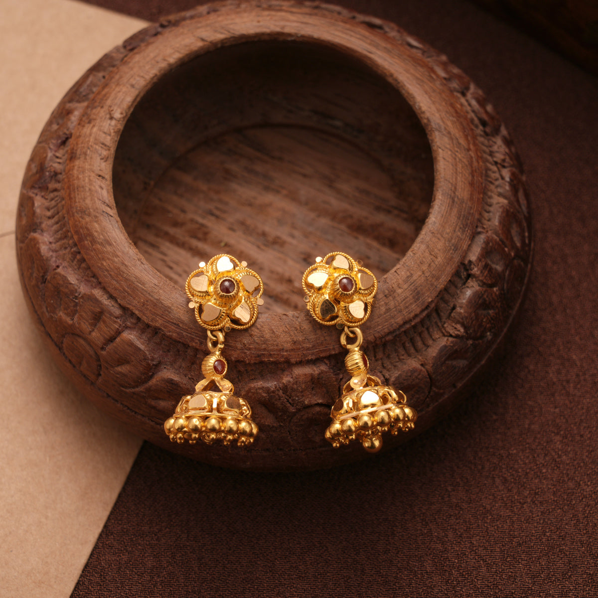 Floral Design Circle Ruby Gold Jhumkas