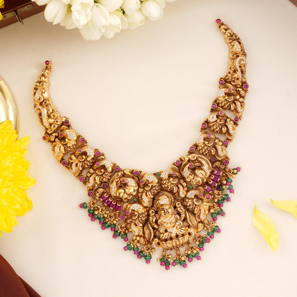 Lakshmi Peacock with Pink Beads Drop Necklace