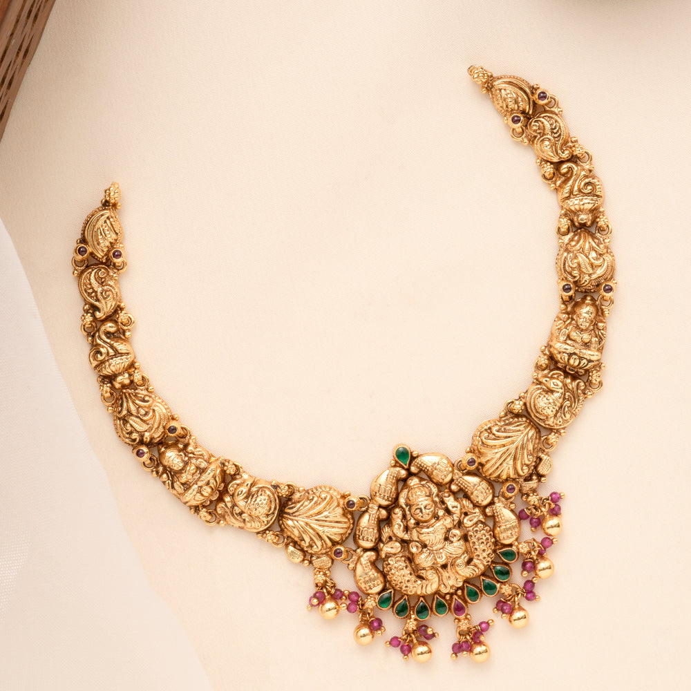 Ethnic Lakshmi Pink Bead Drops Golden Necklace