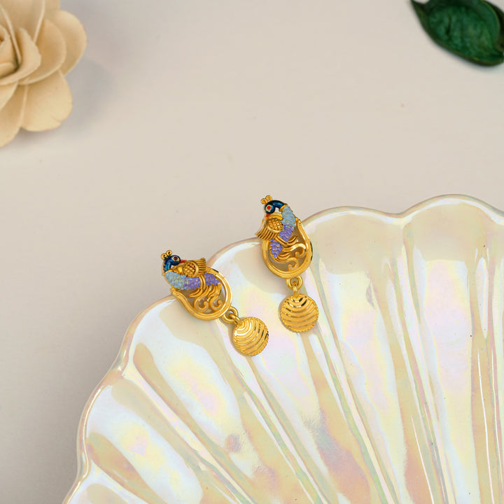 Graceful Peacock With Drops Gold Earring