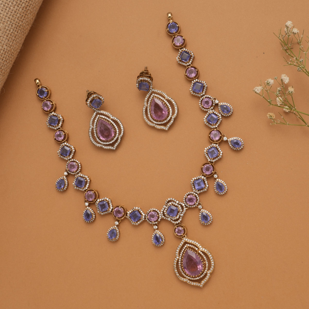 Elegant Purple Stone Golden Necklace Set