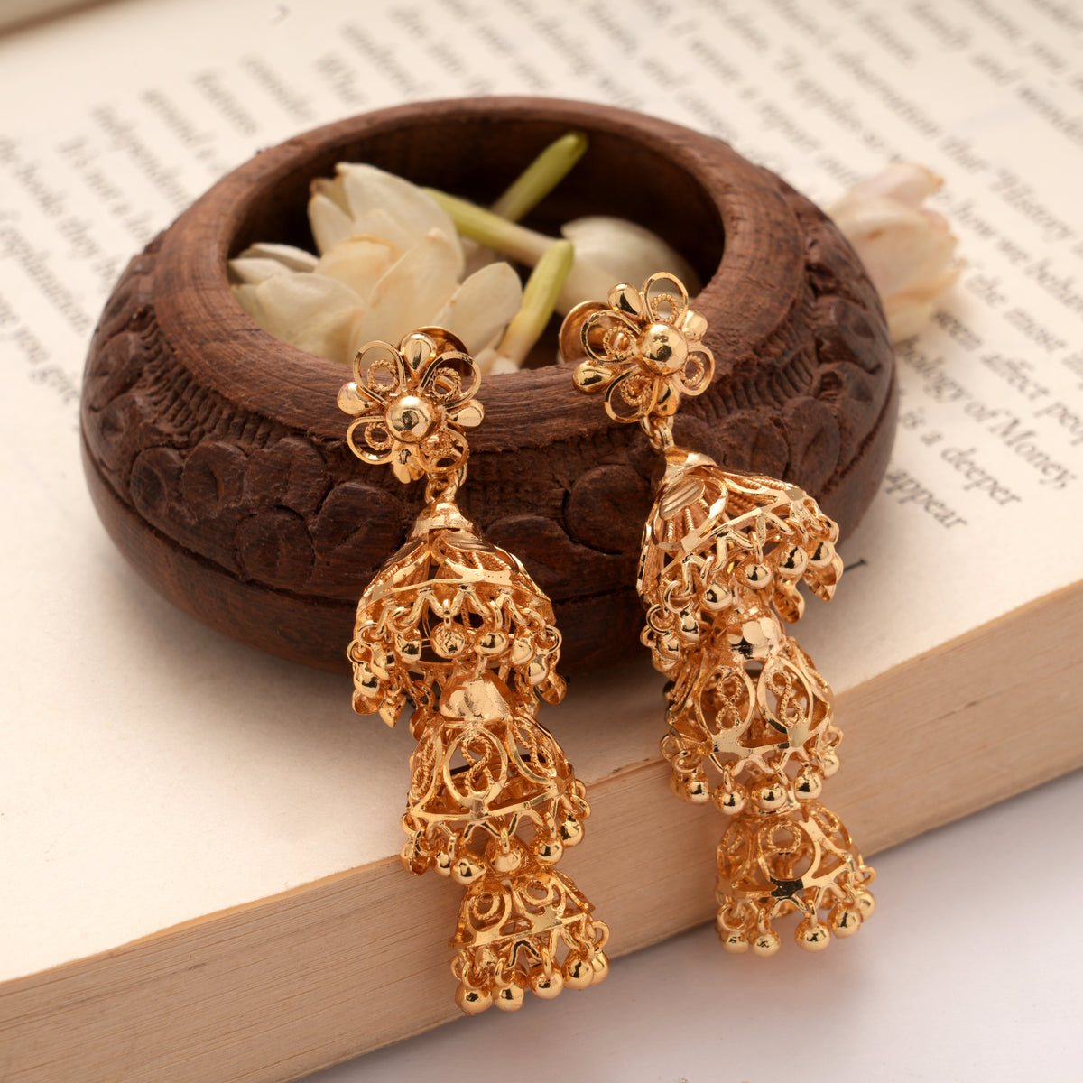 Minimal Floral Triple Layer Bell Design Golden Jhumkas