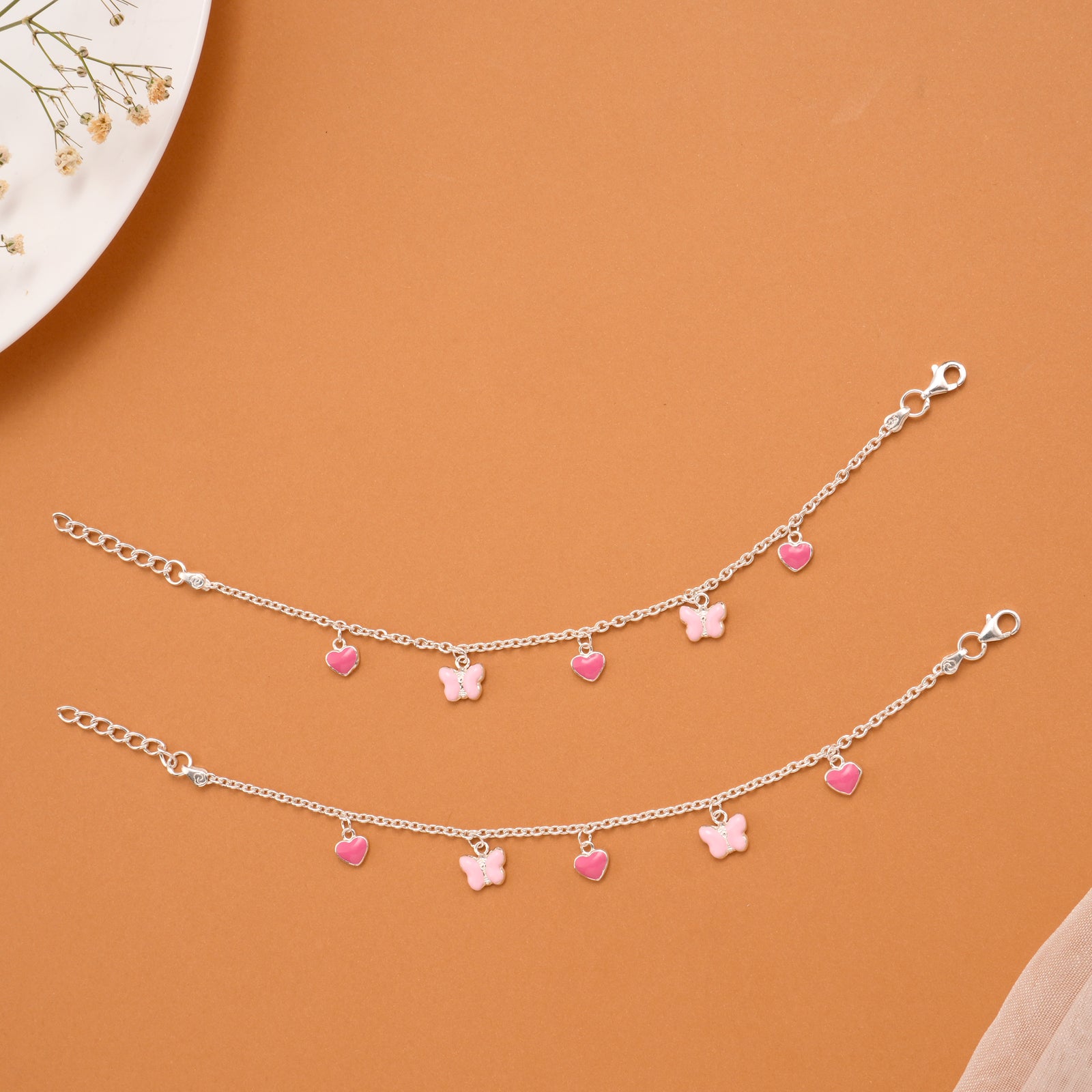 Pink Heart and Butterfly Silver Baby Anklets