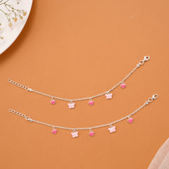 Pink Heart and Butterfly Silver Baby Anklets