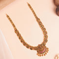 Gold Peacock Motif Temple Necklace with Floral Link Chain and Ruby Stones