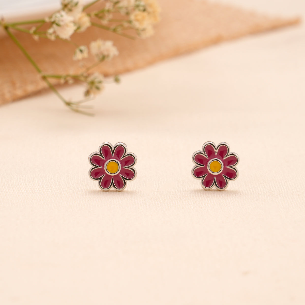 Pink Daisy Flower Enamel Silver Stud