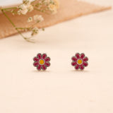 Pink Daisy Flower Enamel Silver Stud