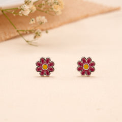 Pink Daisy Flower Enamel Silver Stud