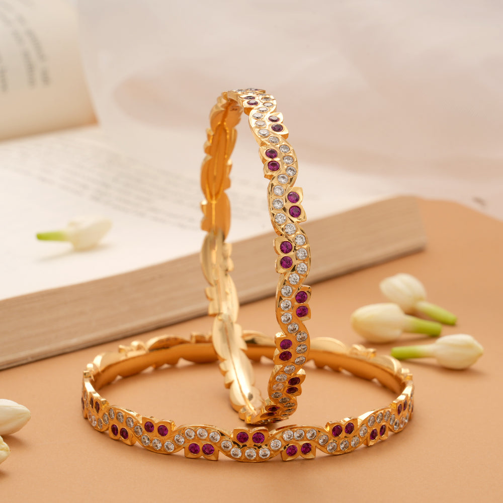 Pink and White Stone Curved Floral Golden Bangles