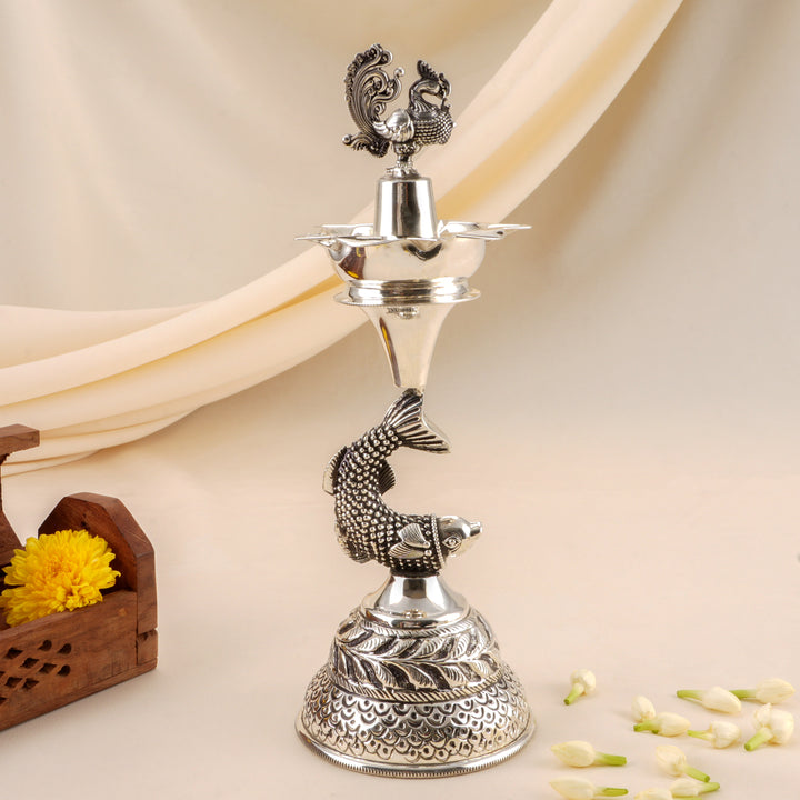 Elegant Antique Silver Fish Vilakku