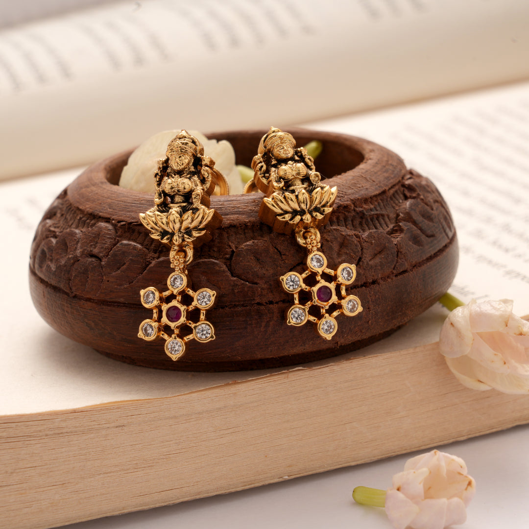 Antique Lakshmi with Star Stone Golden Earrings