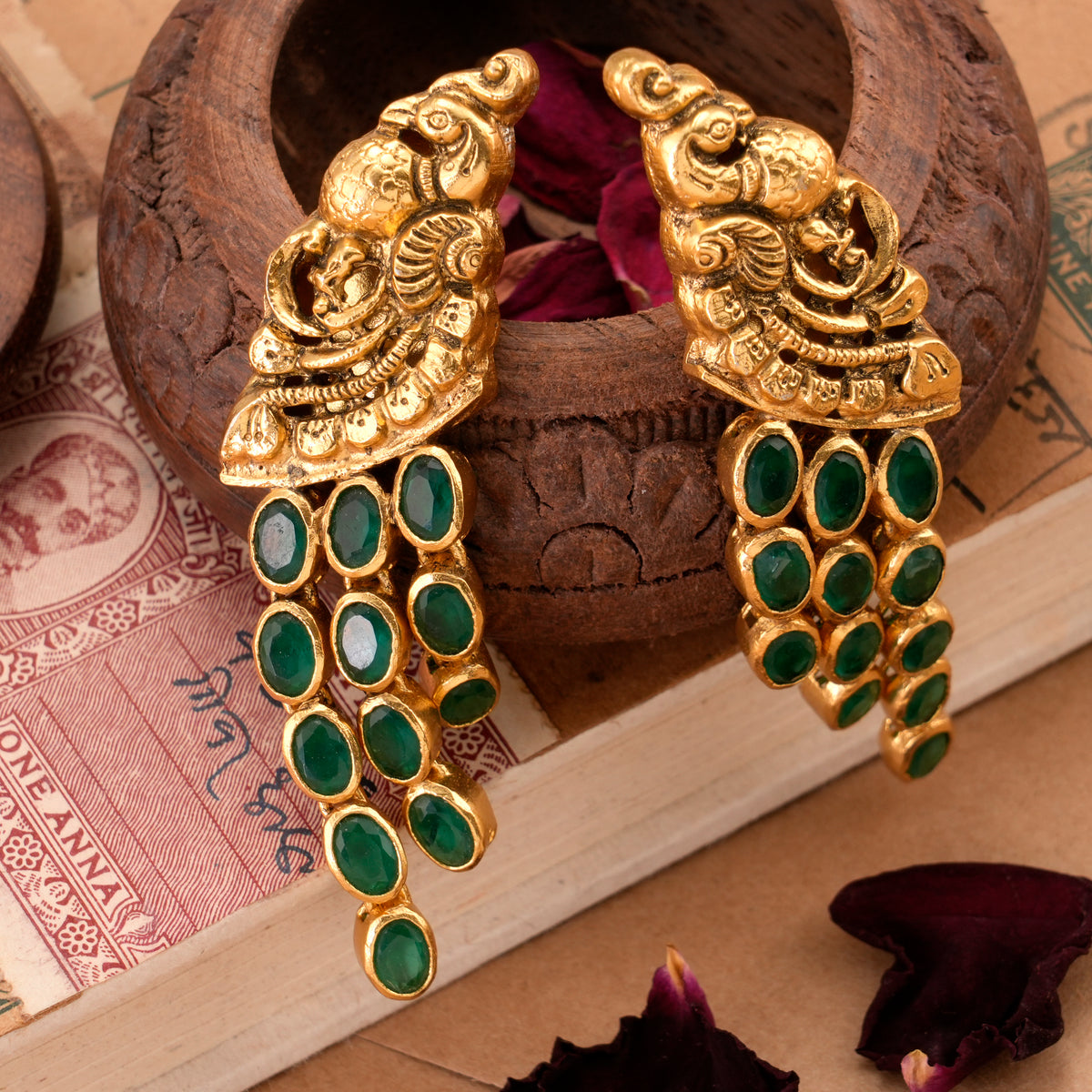 Peacock Design Emerald Golden Drops Earring