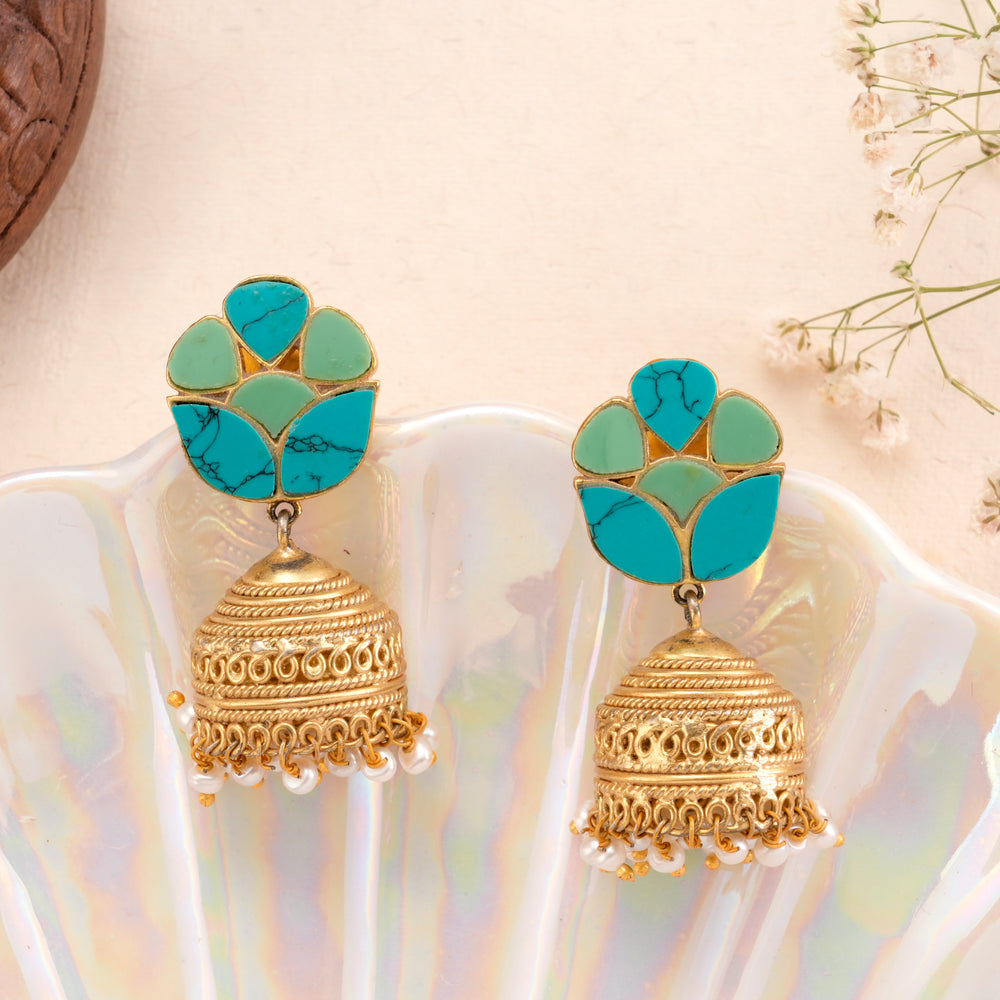 Blue Enamel Floral Design Golden Jhumkas