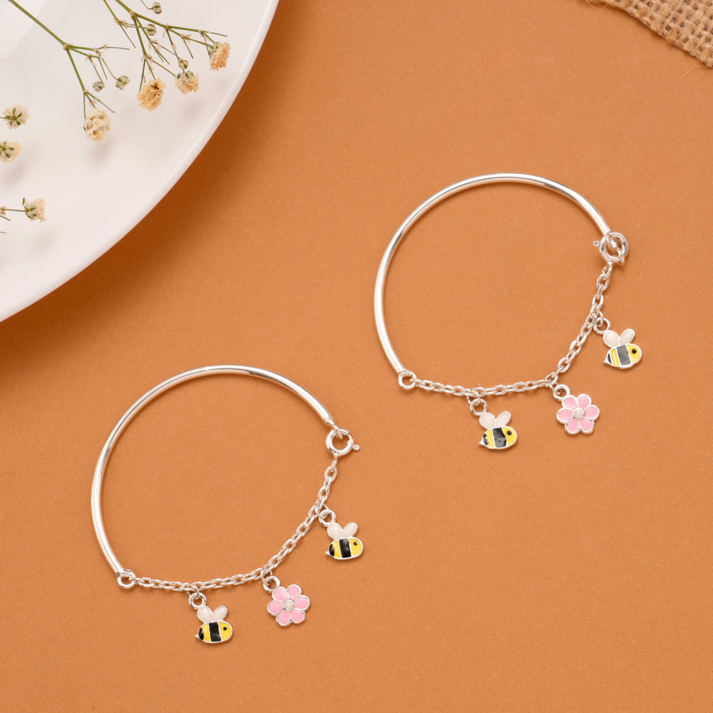 Minimal Floral Honey Bee Silver Baby Bangle