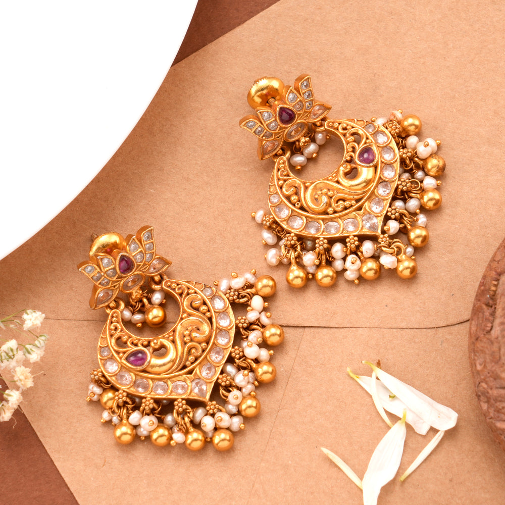 Lotus Design Golden Pearl Drop Earring