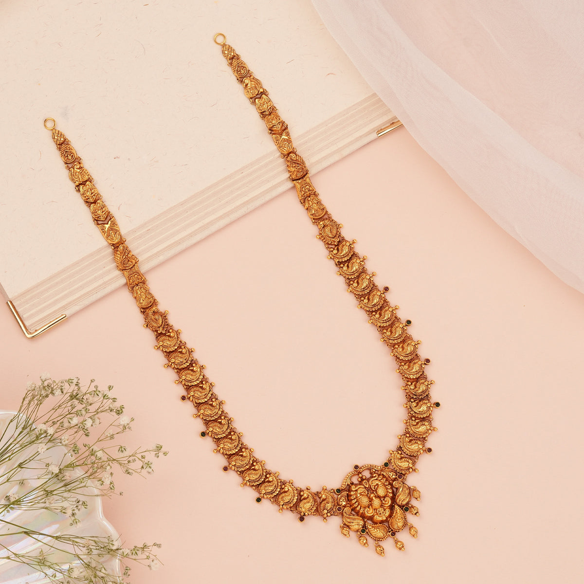 Antique Gold Haram | Peacock Mayil Pendant Long Necklace