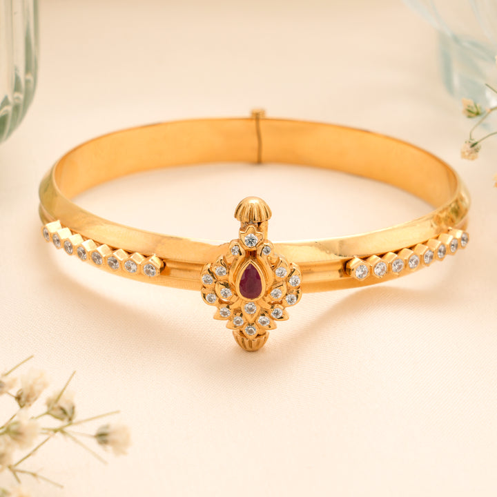 Adjustable Floral Red Stone Gold Kada
