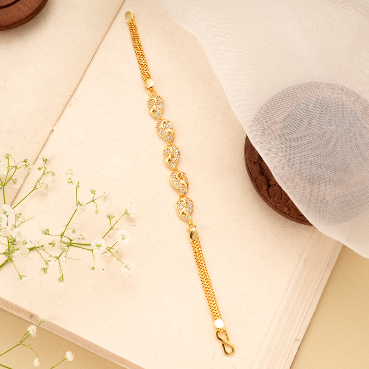 Mango Leaf White Stone Golden Bracelet