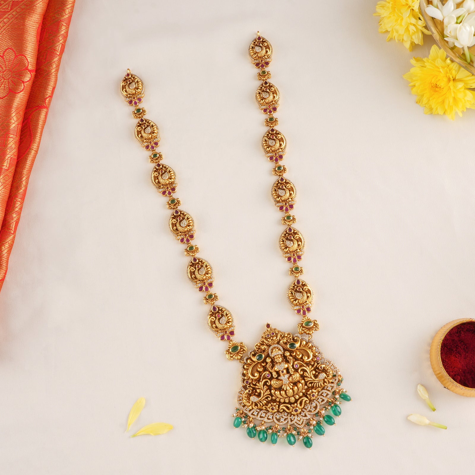 Nagas Lakshmi Peacock & Emerald Beads Haram