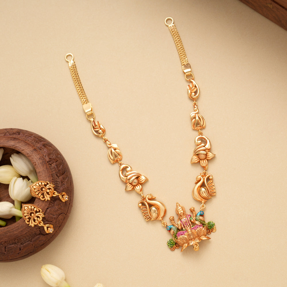 Elegant Peacock Lakshmi Golden Necklace Set
