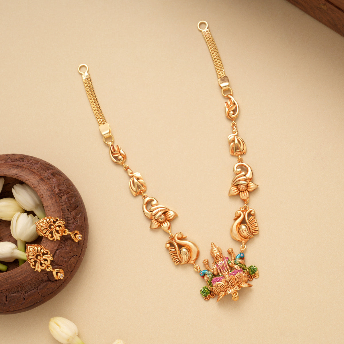 Elegant Peacock Lakshmi Golden Necklace Set