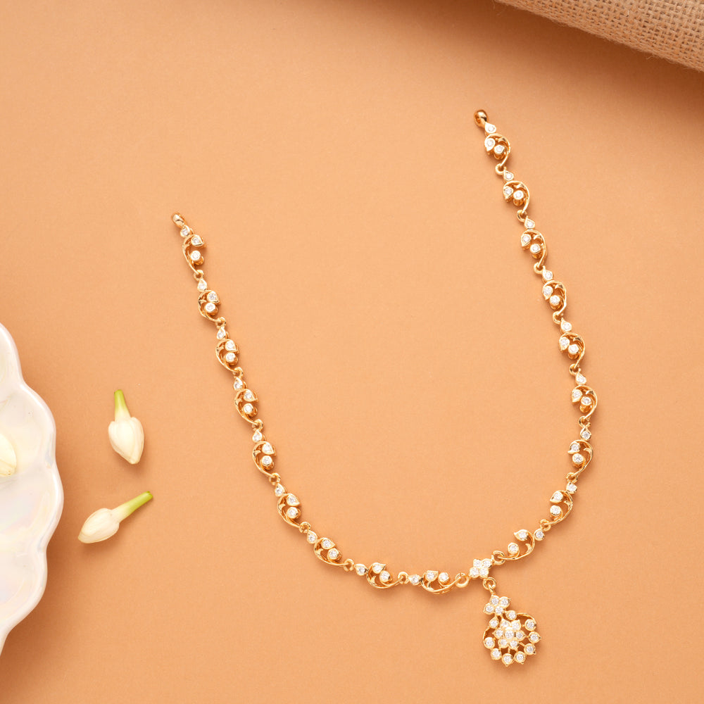 Delicate Floral Pattern White Stone Golden Necklace