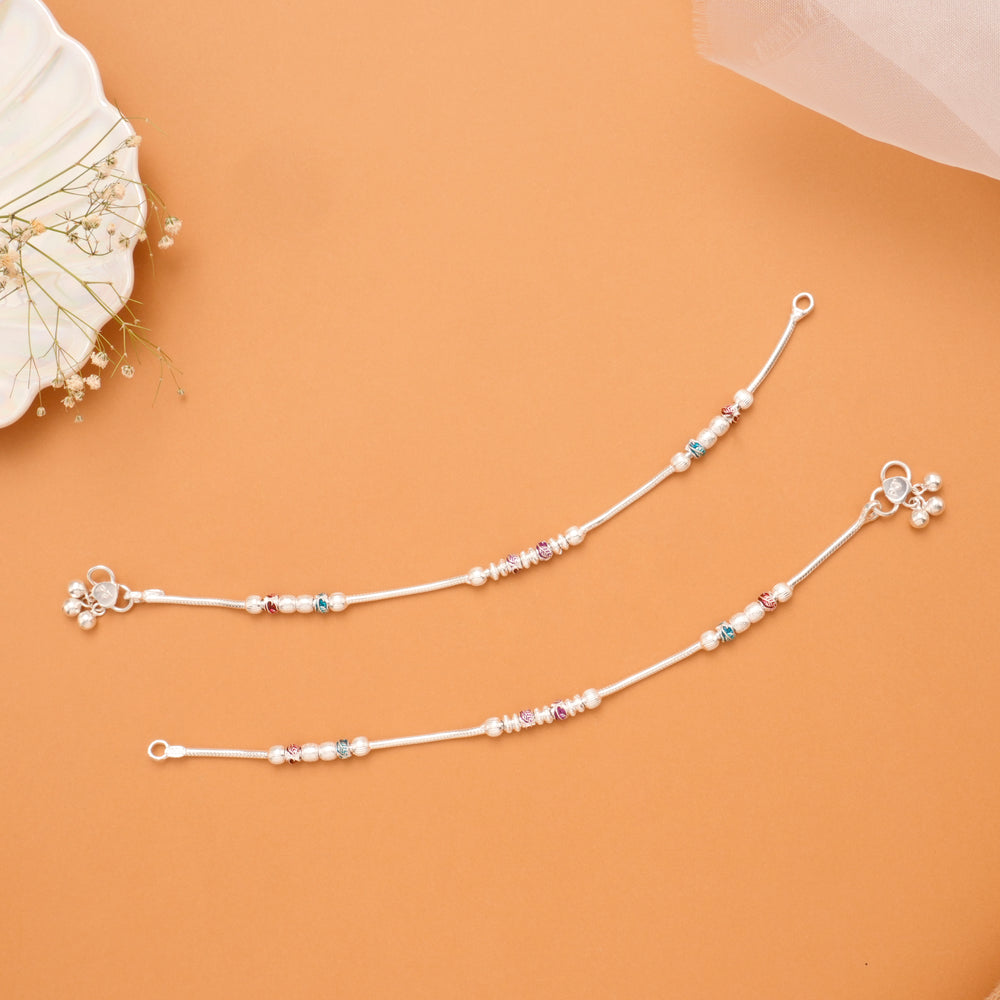 Pink & Blue Leaf Enamel Silver Anklet