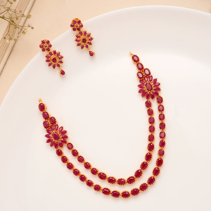 Twin Layer Ruby Floral Necklace Set