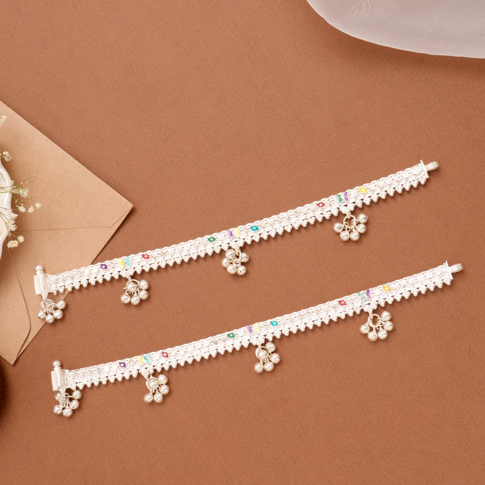 Minimal Enamel Signature Bell Drop Silver Anklet