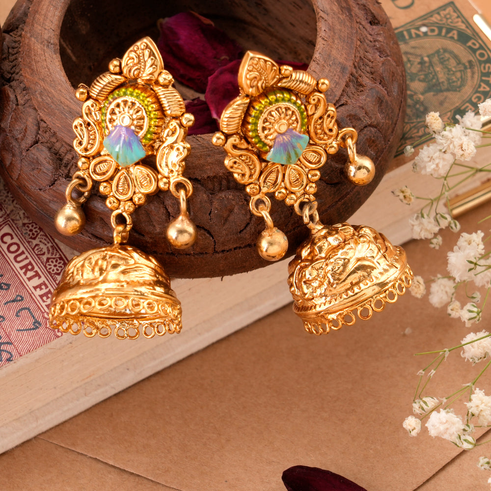 Traditional Flower Design Gold Plated Jhumkas