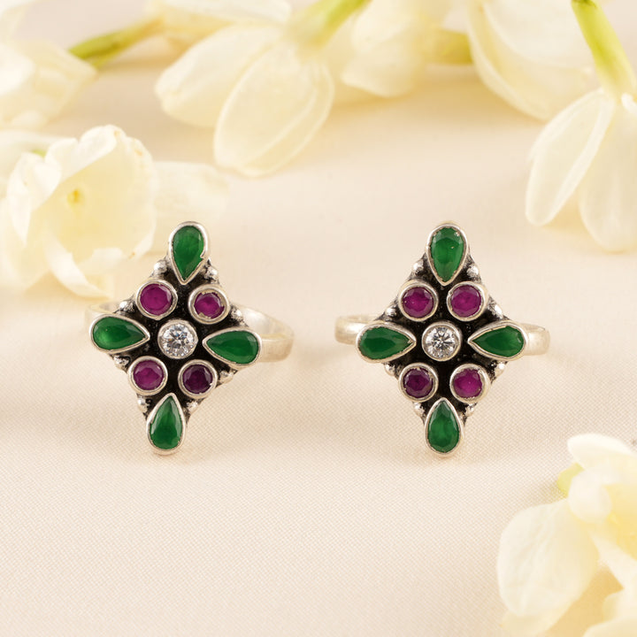 Emerald Leaf and Ruby Silver Toe Ring