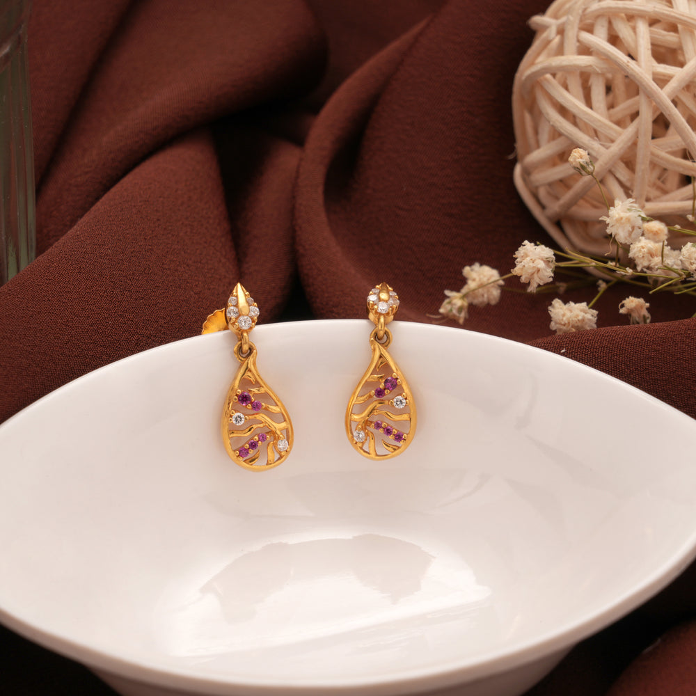 Teardrop Pink with White Stone Floral Gold Earring