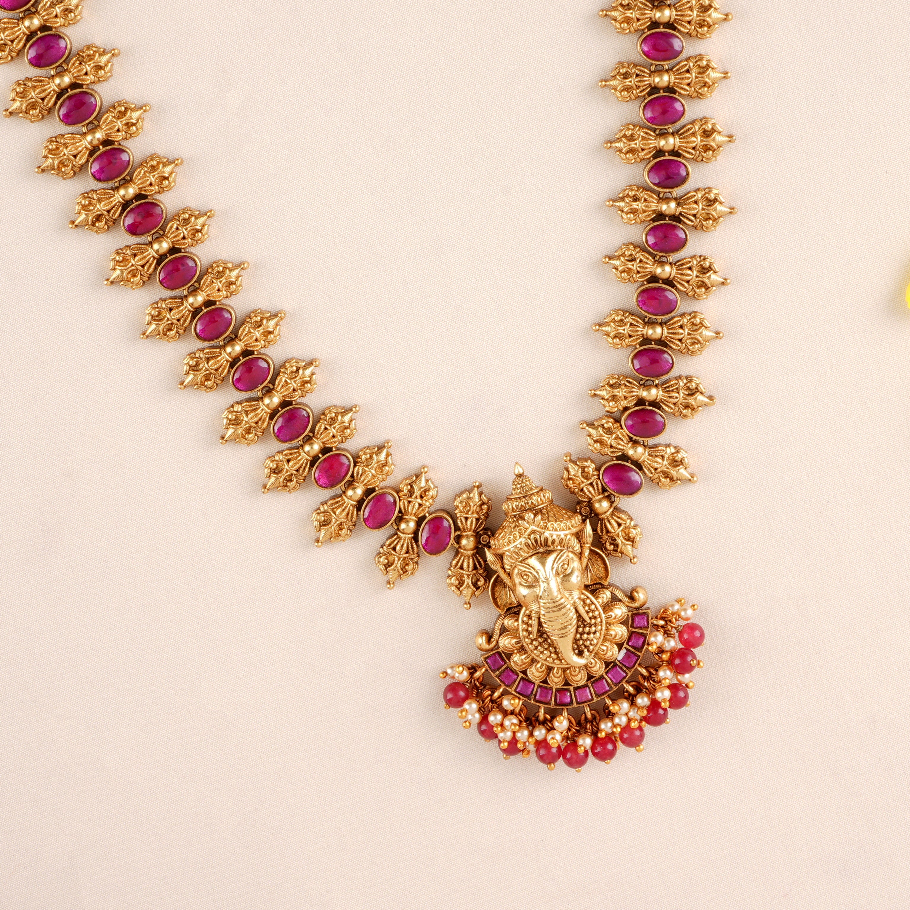 Ruby Stones with Ganesha Pendant Haram | Sri Anu Jewellers