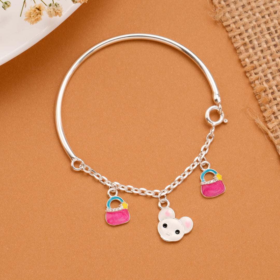 Pink Enamel Teddy Silver Baby Bangle