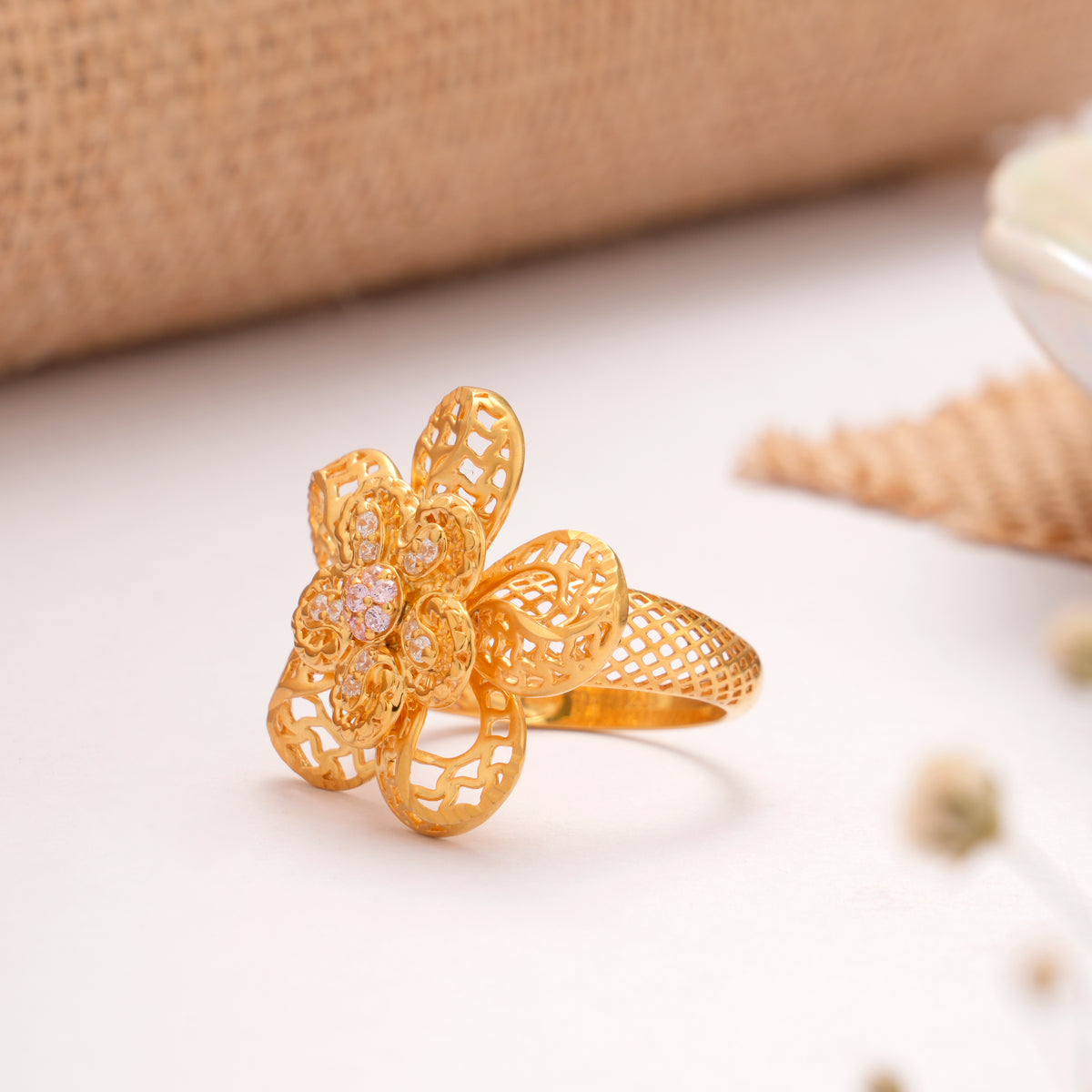 Blooming Flower Pattern Golden Ring