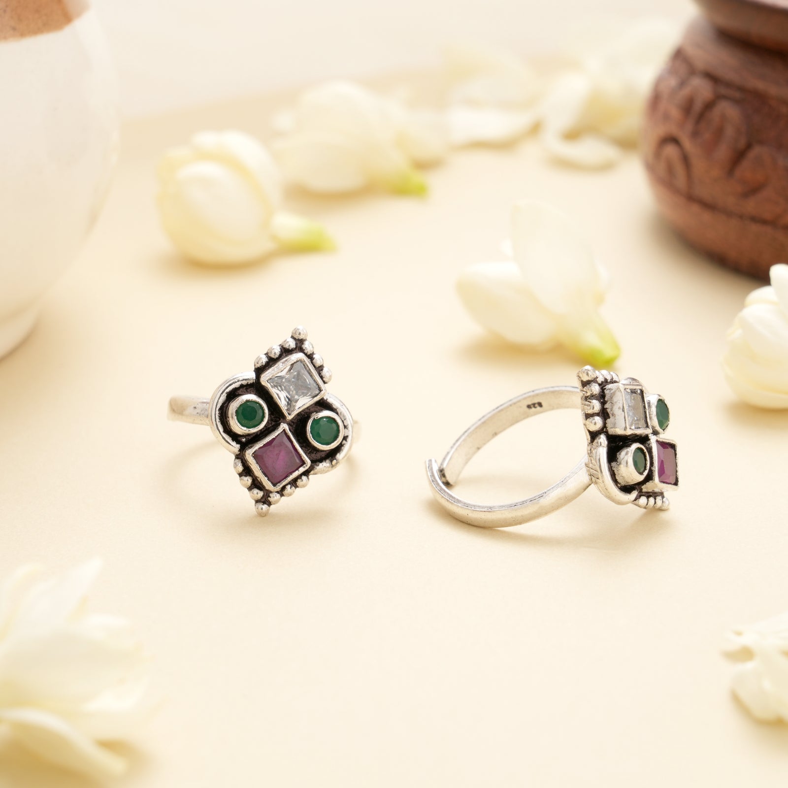 Vintage Quad Stone Antique Silver Toe Ring
