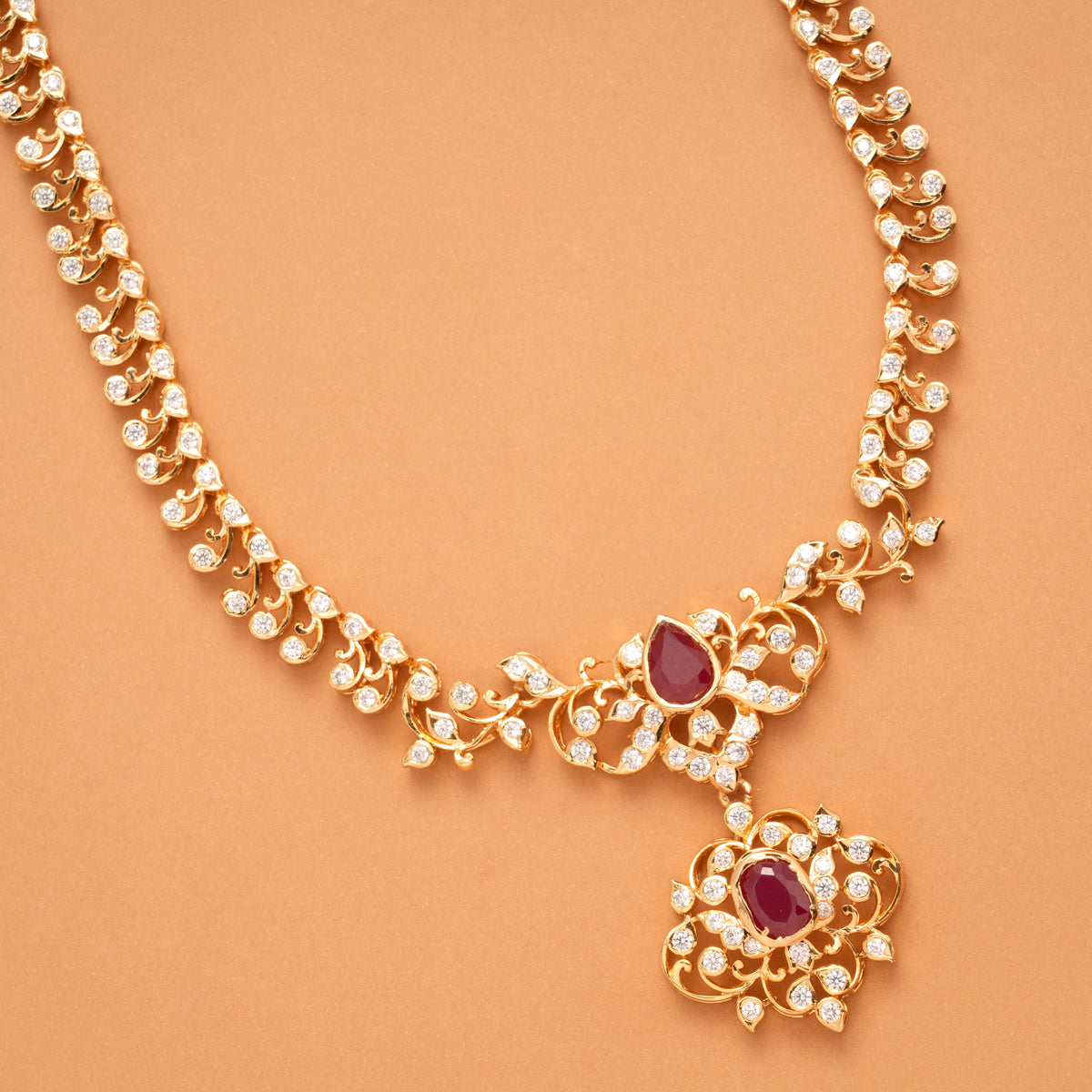 Radiant Ruby Stone Floral Golden Necklace